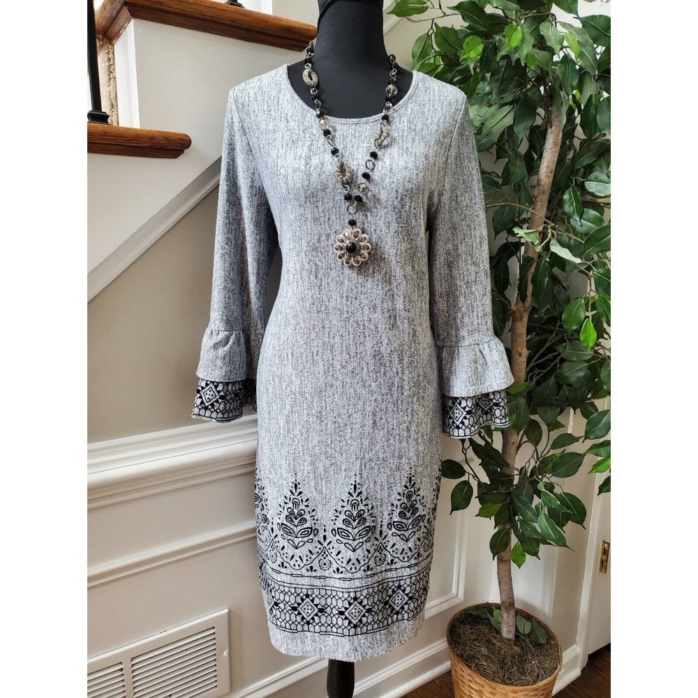 Tacera Solid Gray Polyester Round Neck Long Sleeve Knee Length Sweater Dress M